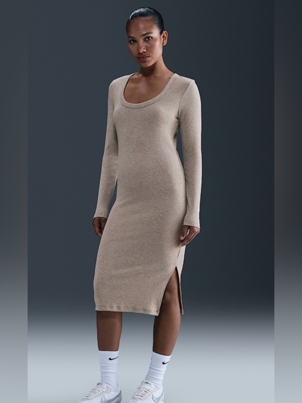 Nike Beige Long Sleeve Scoop Midi Dress